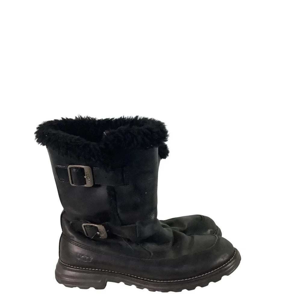 UGG Australia Sundance II Black Leather Shearling Buckle Boots Womens 8 5325